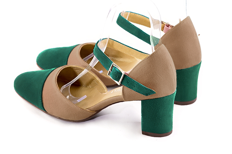 Emerald green and tan beige women's open side shoes, with an instep strap. Round toe. Medium block heels. Rear view - Florence KOOIJMAN